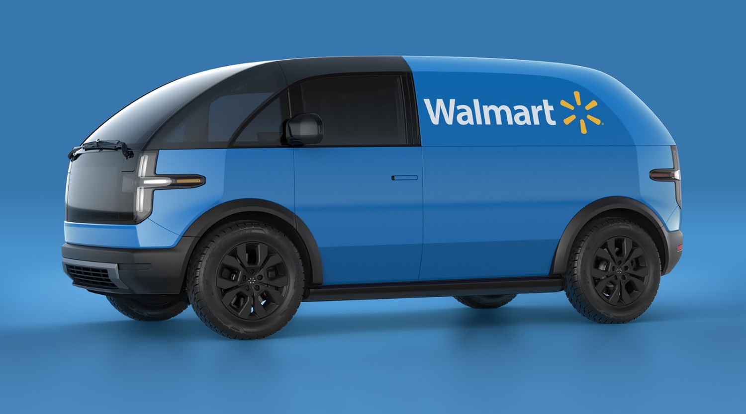 Veículo Canoo adaptado para entrega de produtos Walmart, com foco em eficiência e sustentabilidade.